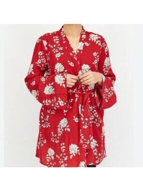 Guess Womens Red Floral Semi-Sheer Mid Length Belted Kimono Top